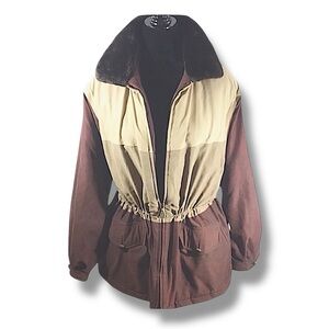 IZZI Label Brown and Beige Jacket with Faux Fur Collar Vintage SZ L